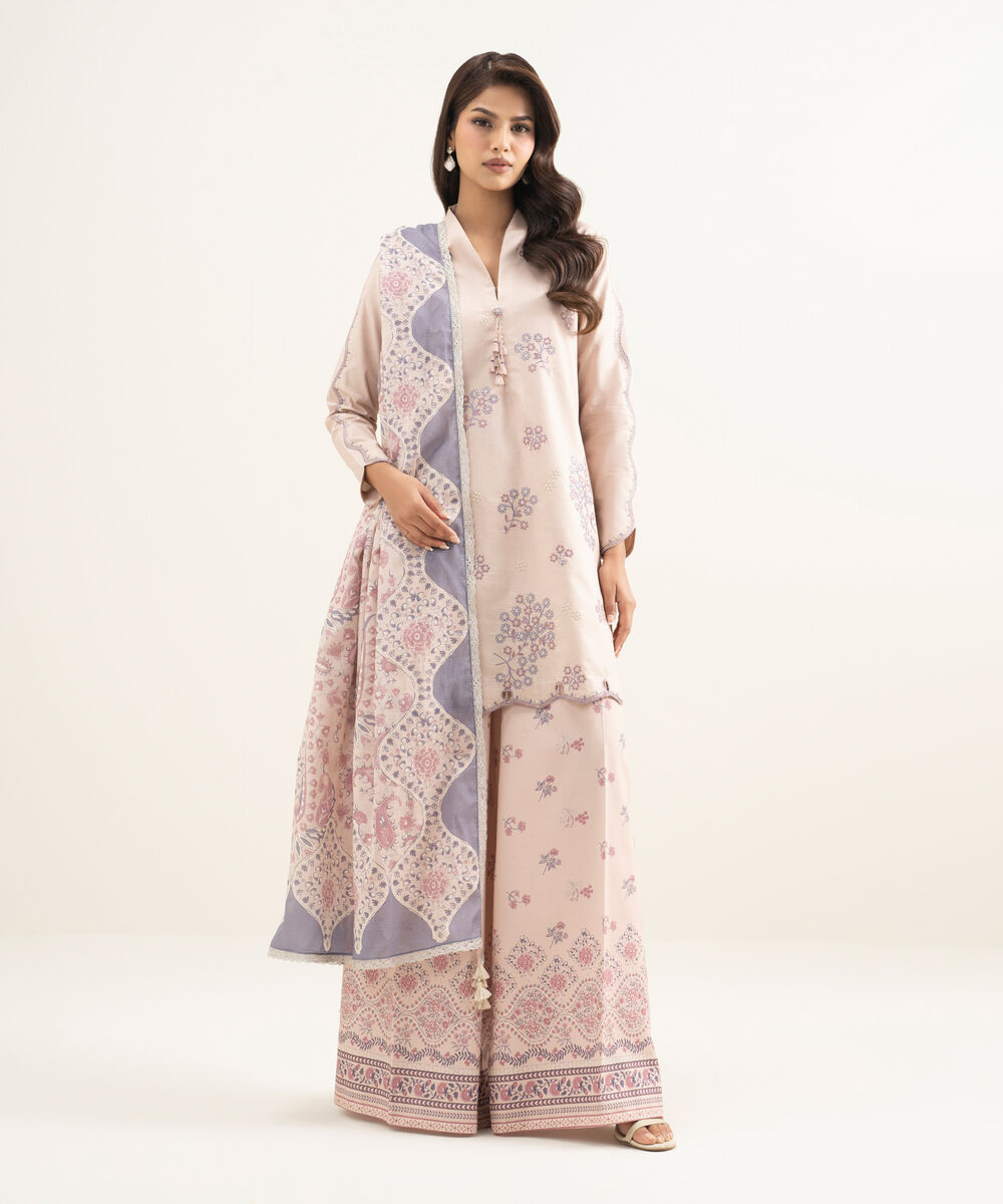 Women's Unstitched Lawn Embroidered Pink 3 Piece Suit