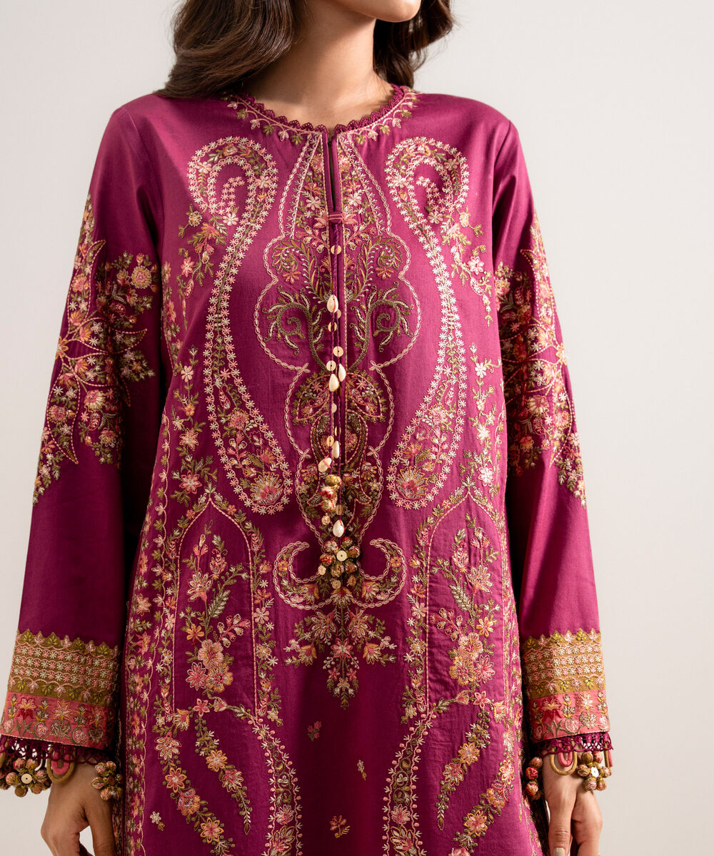 Women's Unstitched Embroidered Fine Cotton Satin Light Purple 3 Piece Suit
