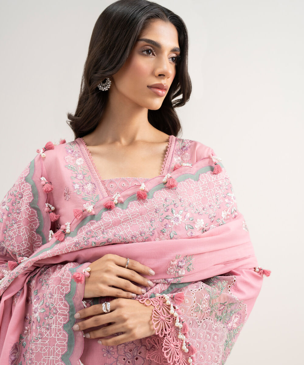 Women's Unstitched Lawn Embroidered Pink 3 Piece Suit