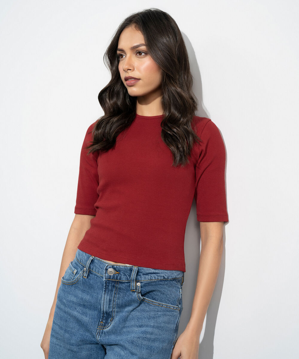 Women's Western Red Slim-Fit Ribbed Top