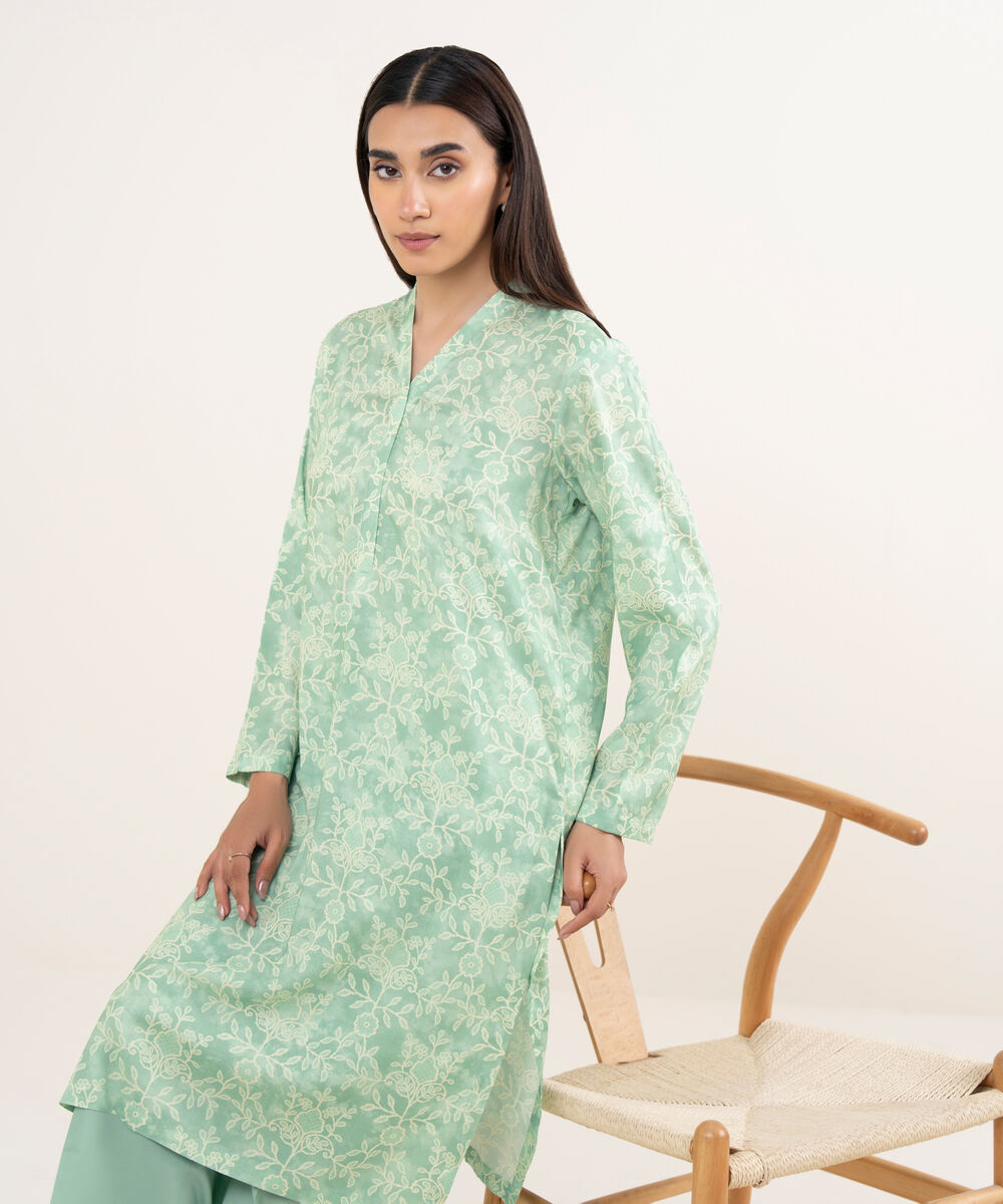 Women's RTW Arabic Lawn Green Printed Straight Shirt