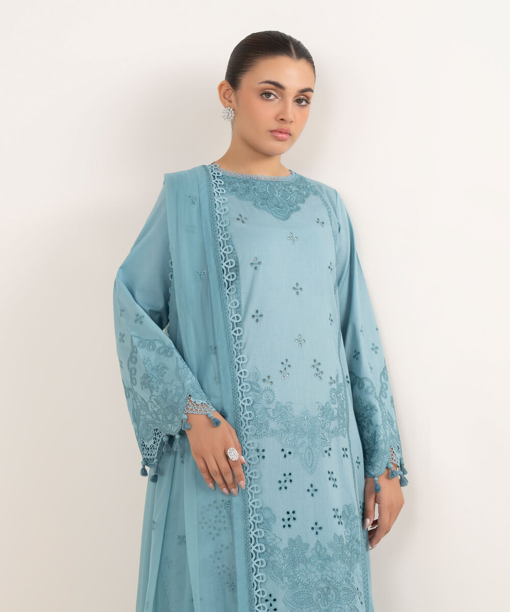 Women's Unstitched Lawn Embroidered Blue 3 Piece Suit