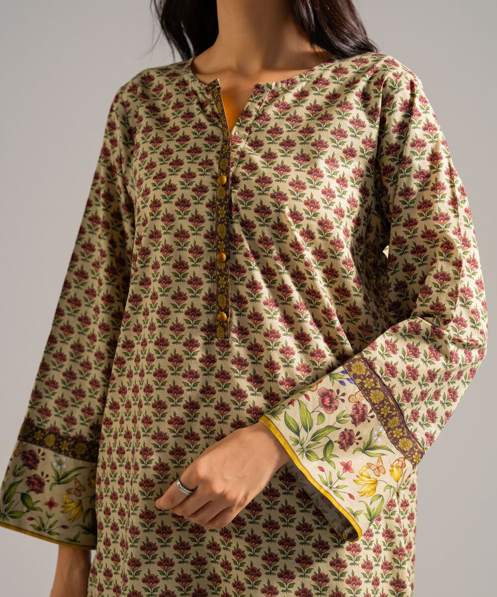 Women's RTW Lawn Printed Green Straight Shirt
