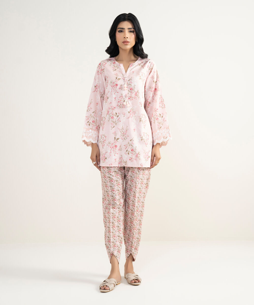 Women's RTW Dobby Embroidered Pink Straight Shirt