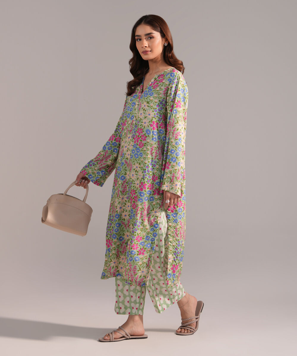 Women's RTW Arabic Lawn Printed Green Straight Shirt