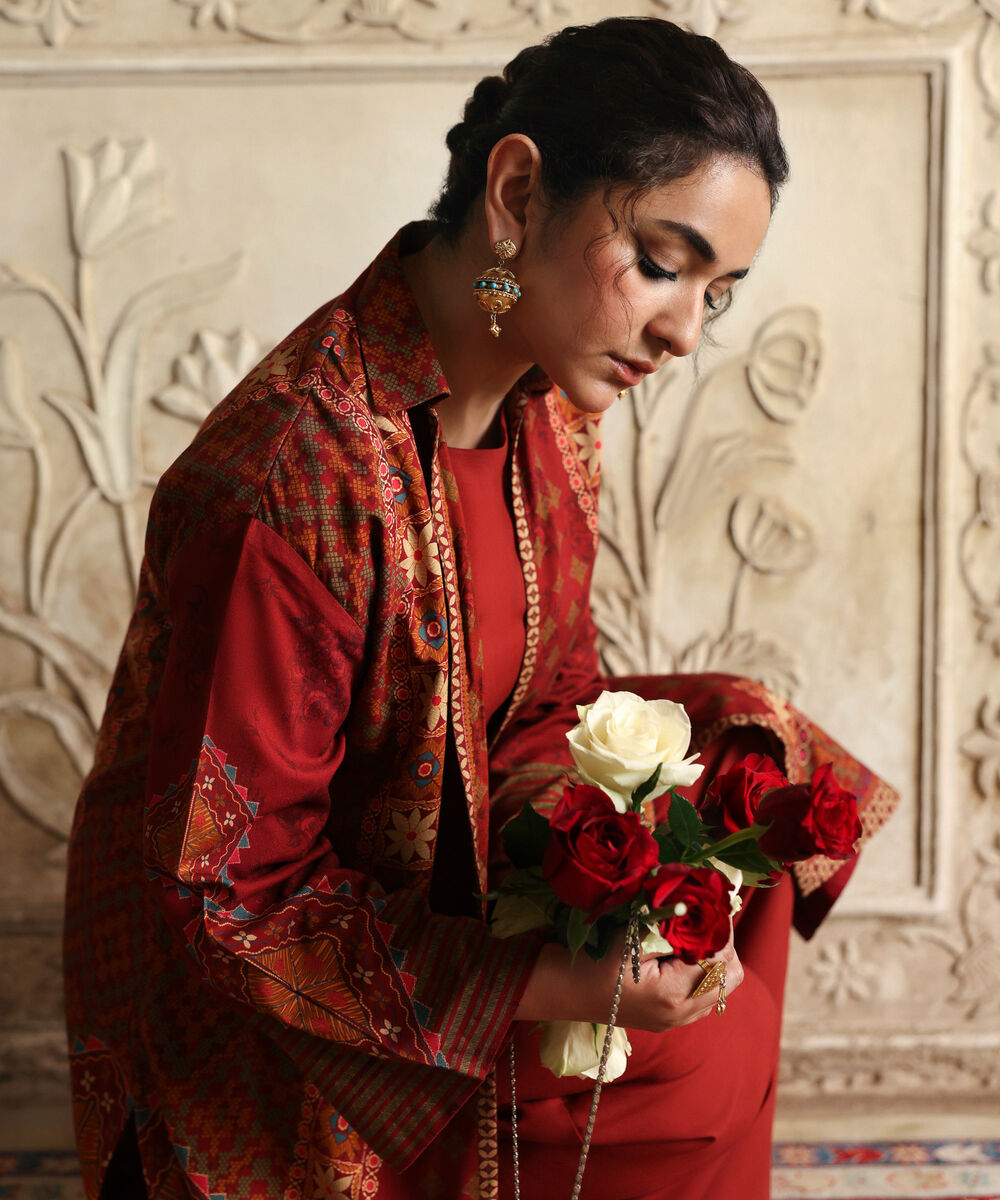 Women's Unstitched Viscose Khaddar Printed Red 2 Piece Suit