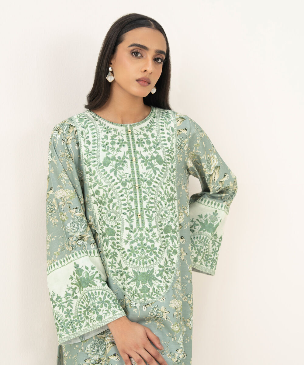 Women's RTW Light Khaddar Embroidered Green A-Line Shirt