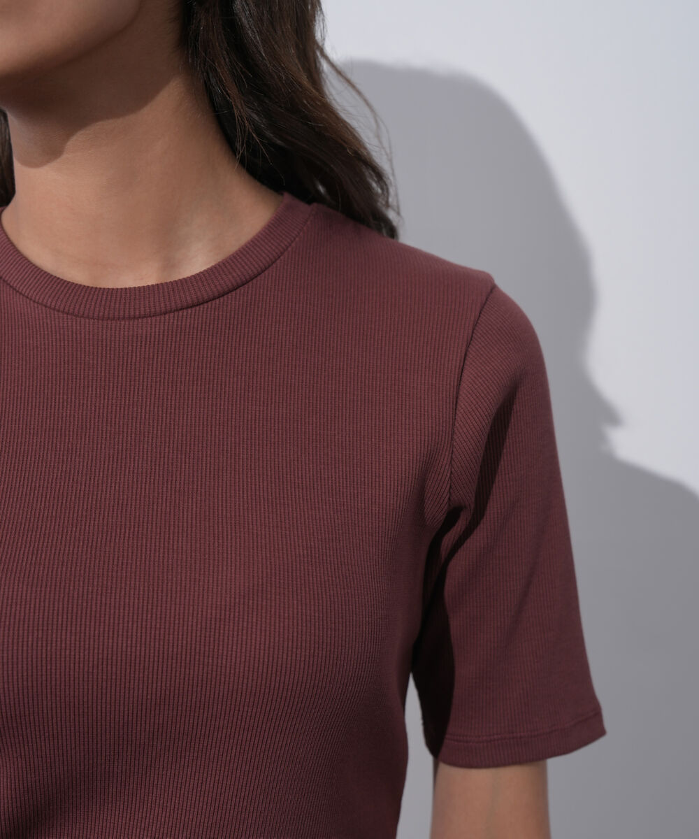 Women's Western Wear Brown Slim-Fit Ribbed T-Shirt