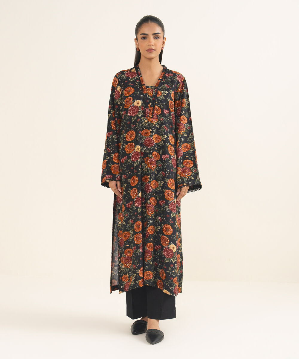 Women's RTW Herringbone Printed Black A-Line Shirt