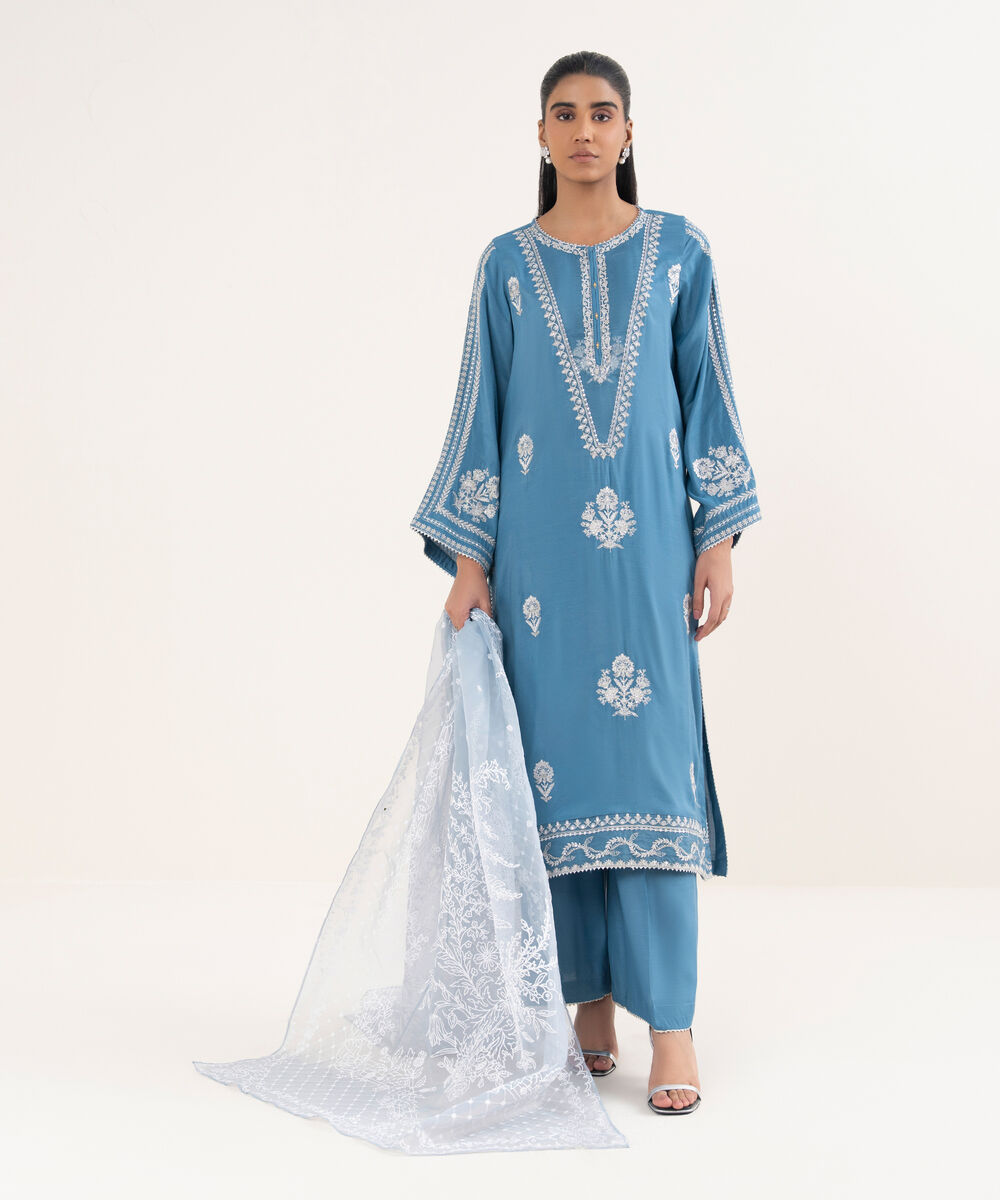 Women's RTW Viscose Raw Silk Embroidered A-Line Blue Shirt