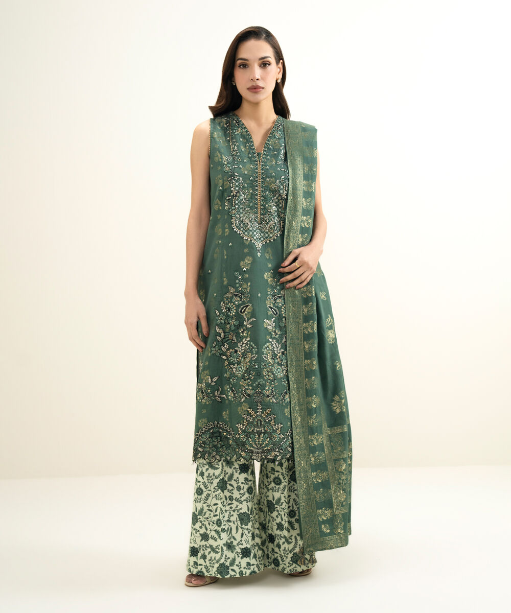 Women's Unstitched Extra Weft Jacquard Embroidered Green 3 Piece Suit