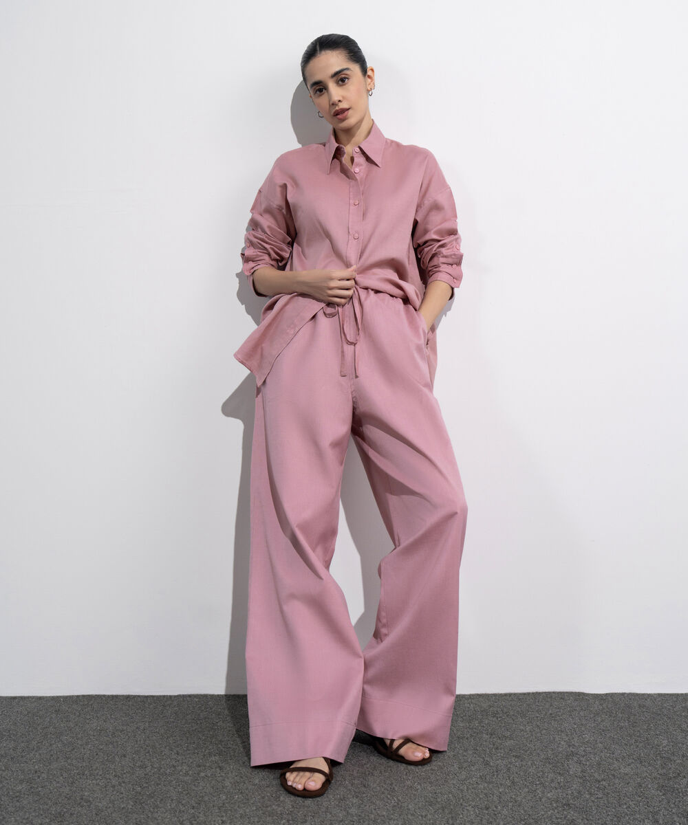 Women's Western Wear Pink Linen Blend Pull On Trousers