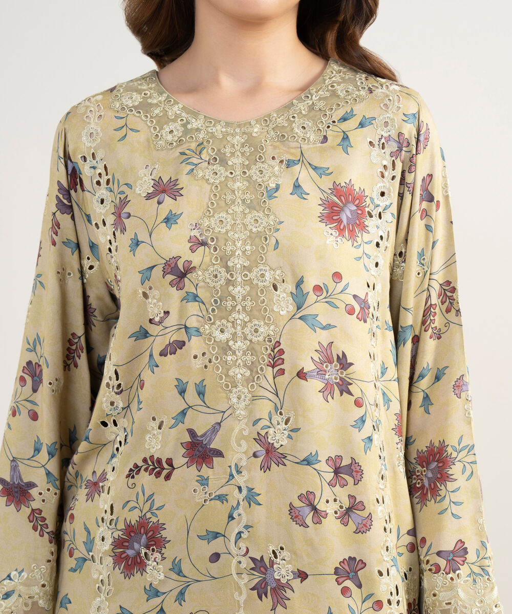 Women's Unstitched Viscose Satin Embroidered Yellow 3 Piece Suit