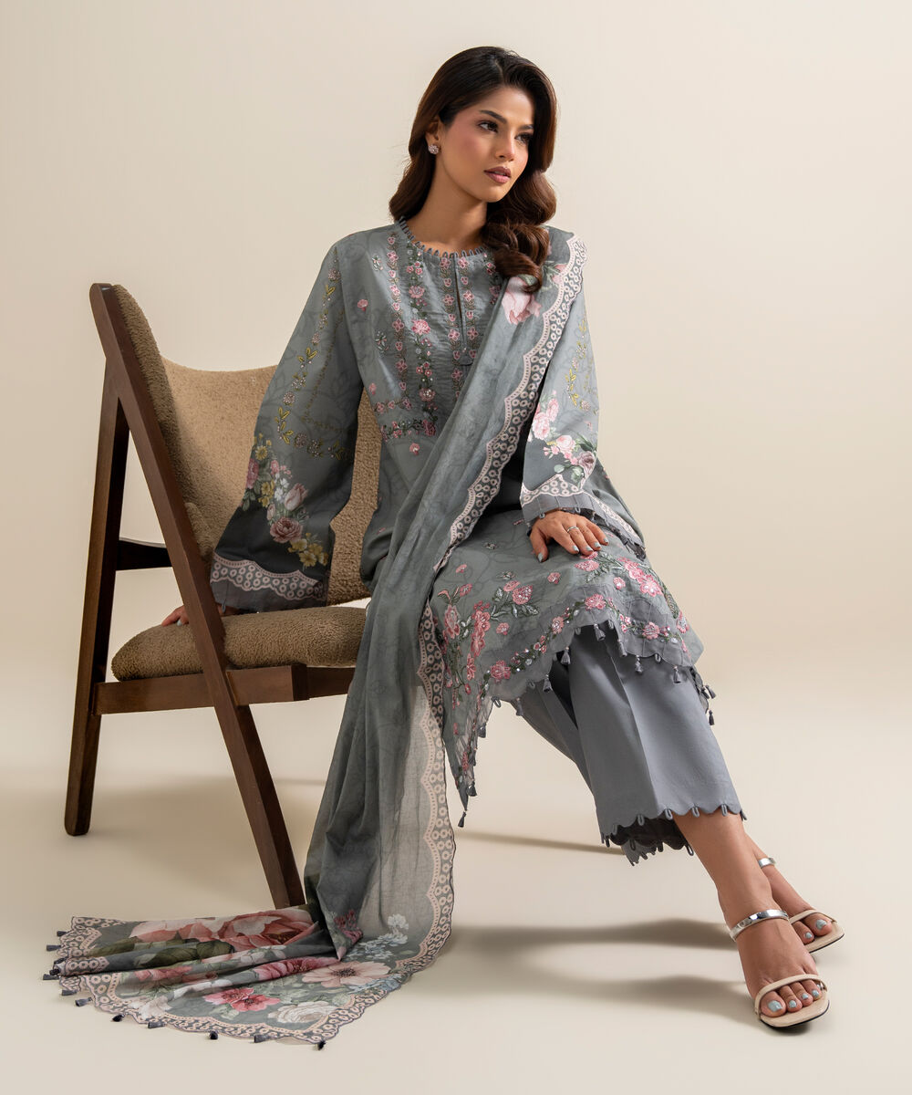 Women's Unstitched Lawn Embroidered Grey 3 Piece Suit