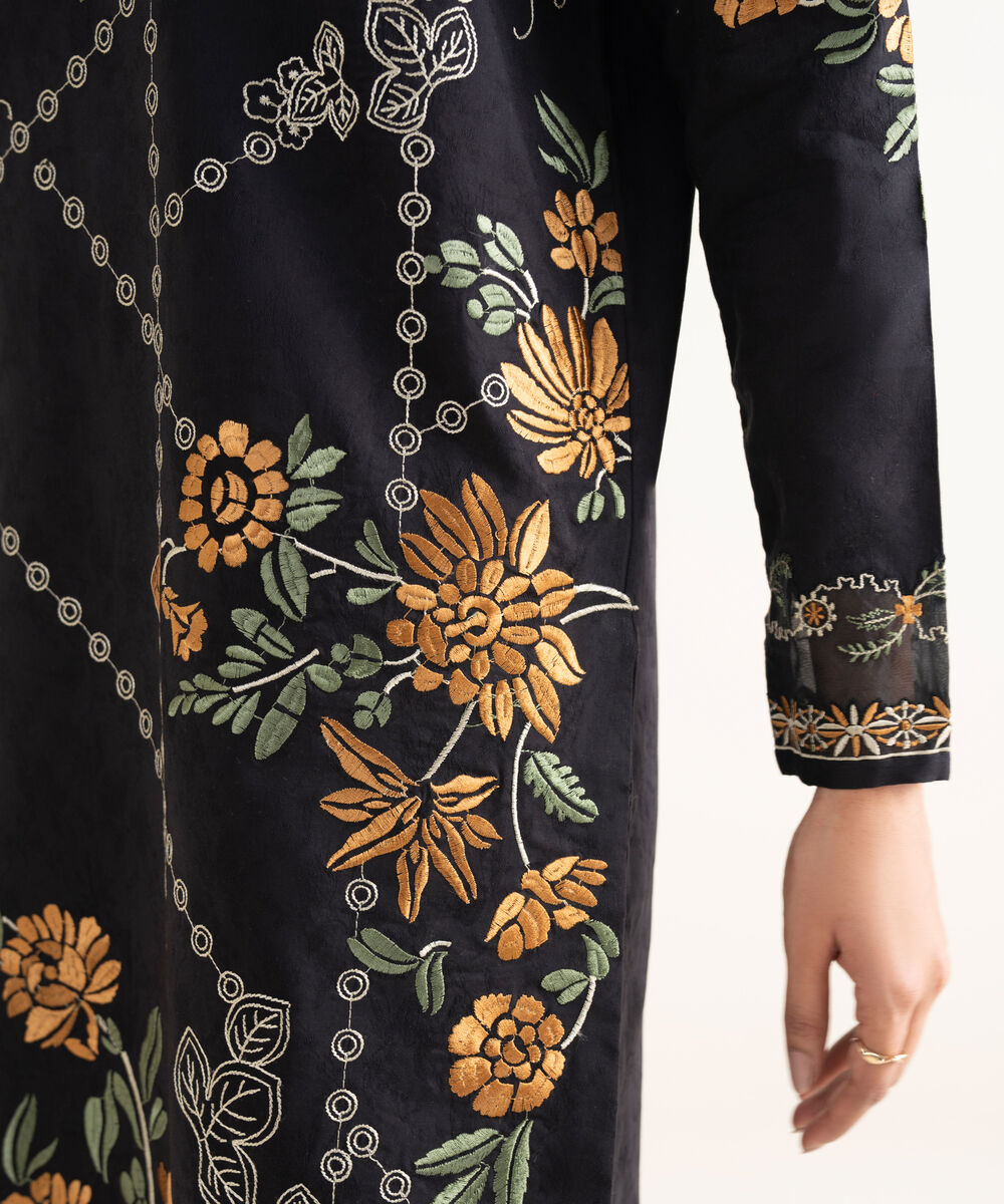 Women's Unstitched Cotton Jacquard Embroidered Black 3 Piece Suit