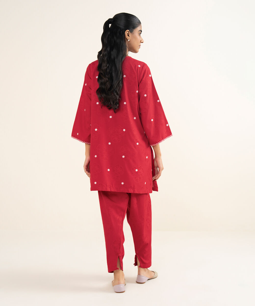 Women's RTW Jacquard Embroidered Red Straight Shirt