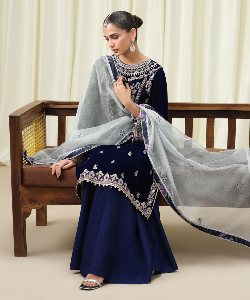 Women's Unstitched Velvet Embroidered Blue 3 Piece Suit