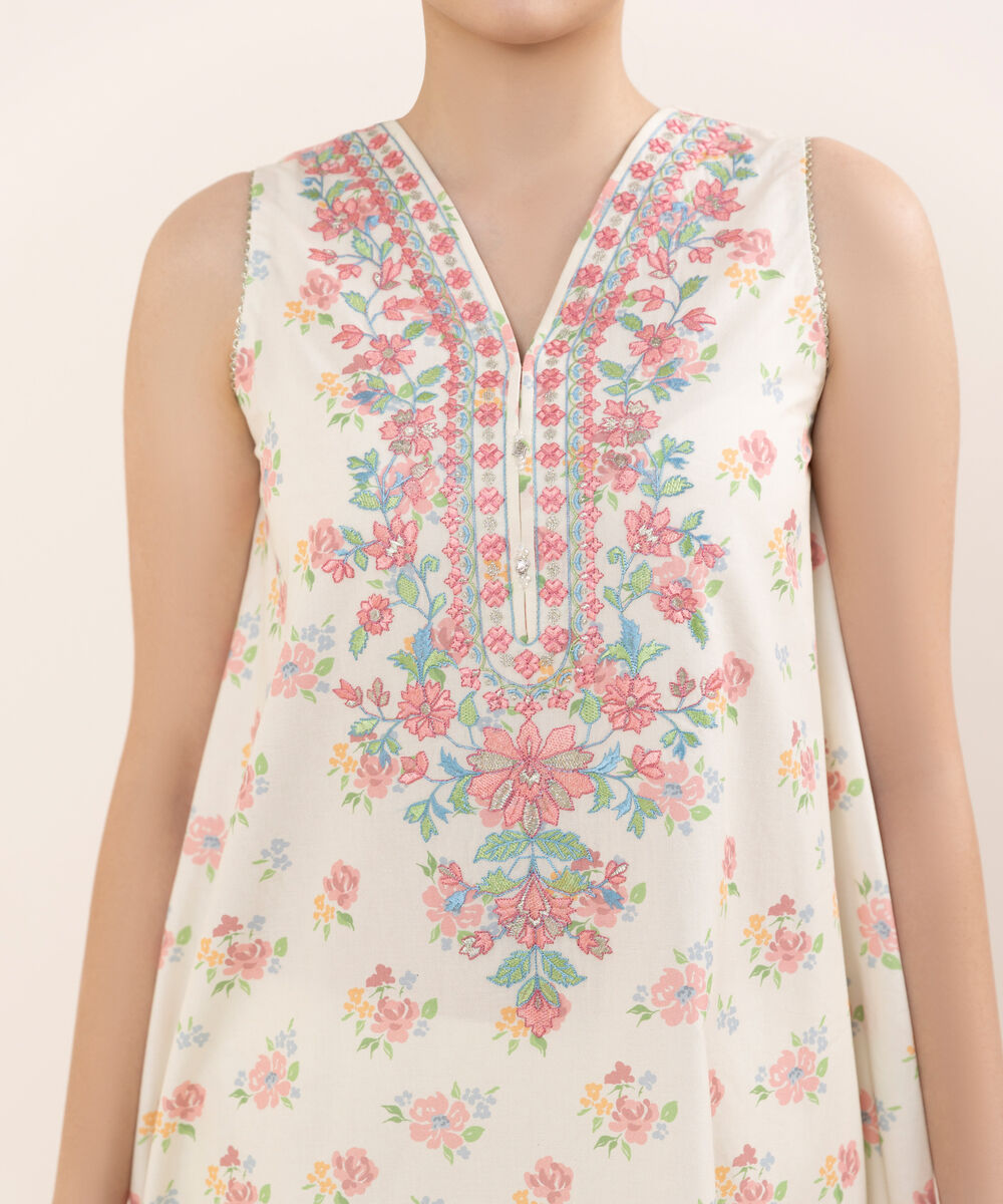 Women's Unstitched Cotton Embroidered Off White Two Piece Suit