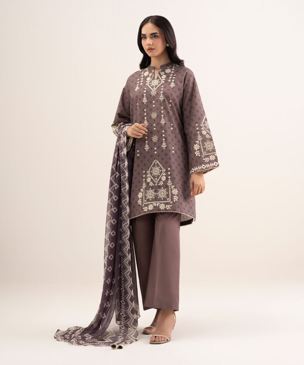 Women's Unstitched Lawn Embroidered Brown 3 Piece Suit