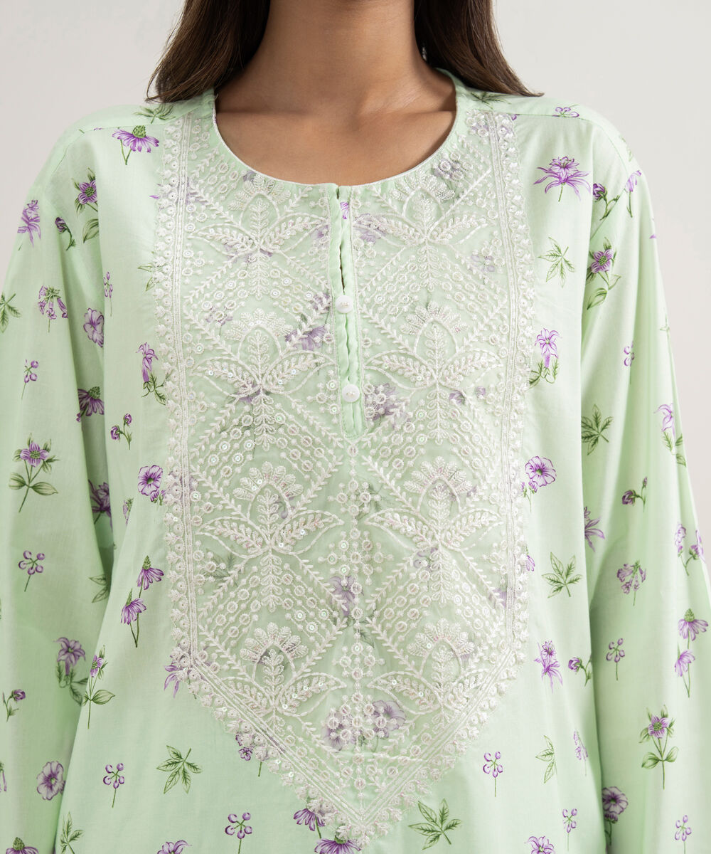 Women's RTW Cotton Viscose Embroidered Green Straight Shirt