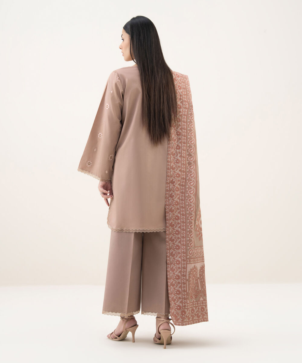 Women's Unstitched Cotton Embroidered Pink 3 Piece Suit