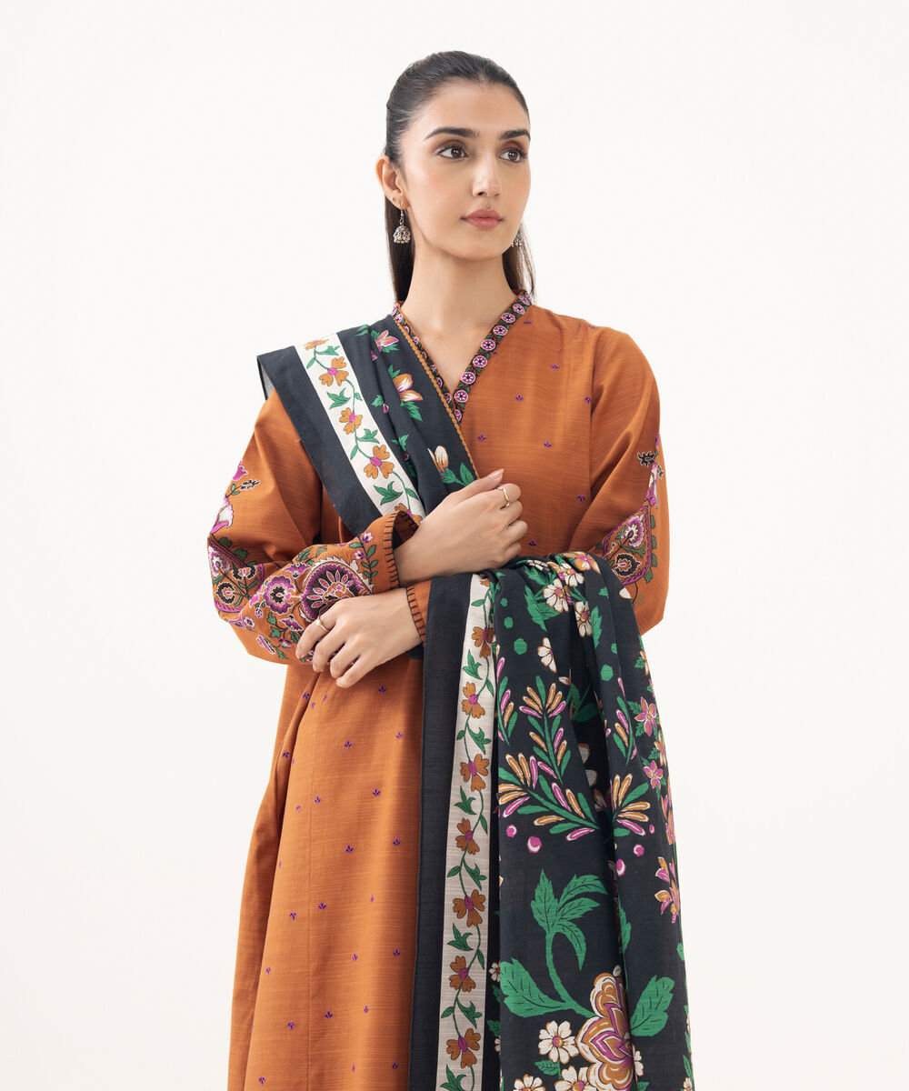 Women's Unstitched Khaddar Embroidered Orange 3 Piece Suit