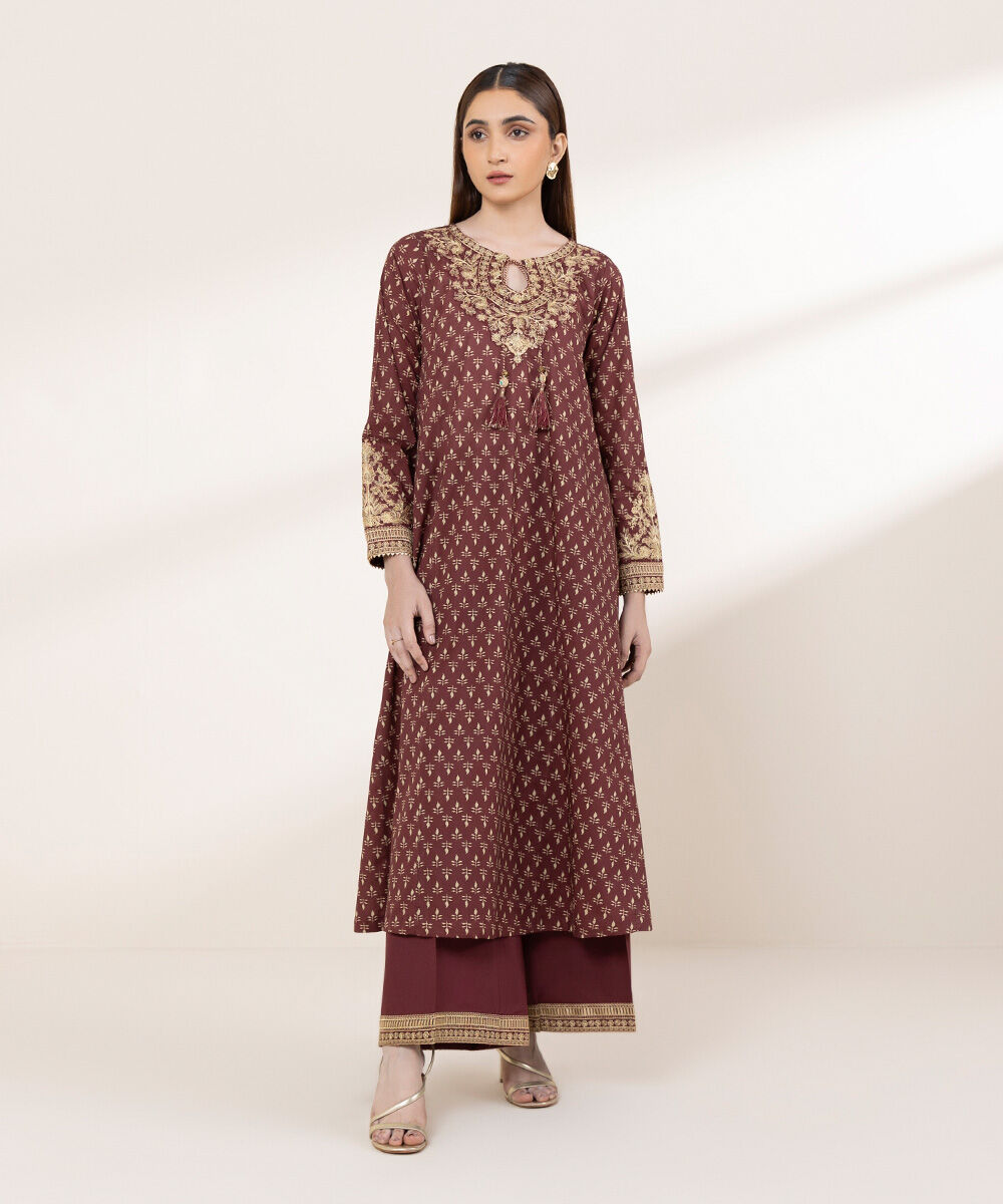 Women's RTW Lawn Red Embroidered A-Line Shirt