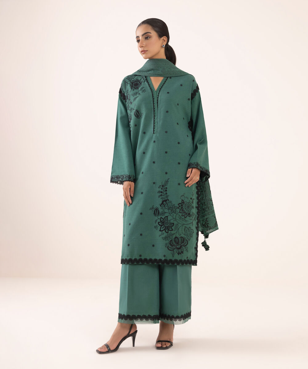 Women's Unstitched Dobby Embroidered Green Three Piece Suit