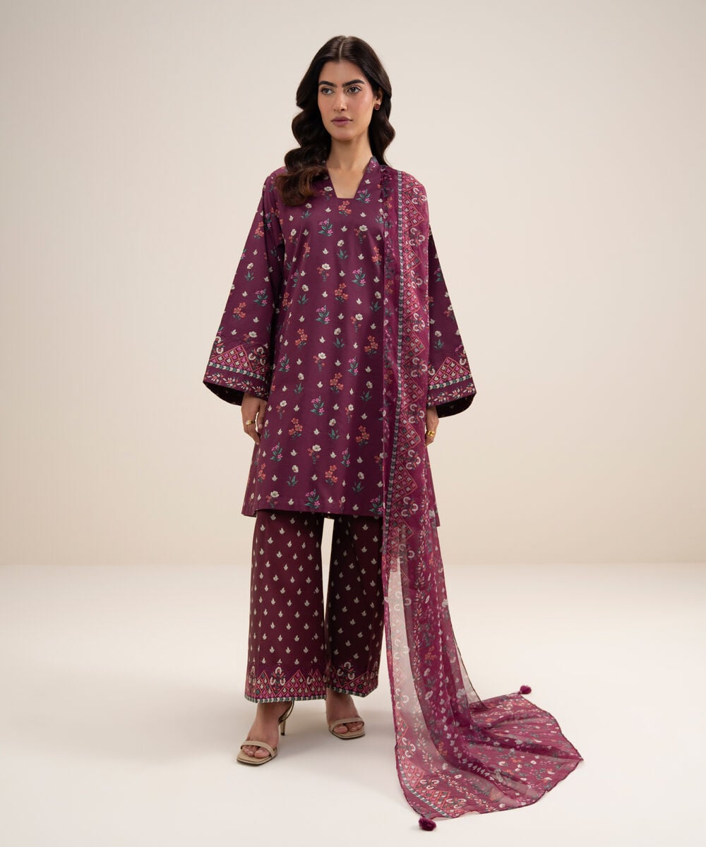 Women's Unstitched Lawn Printed Maroon 3 Piece Suit
