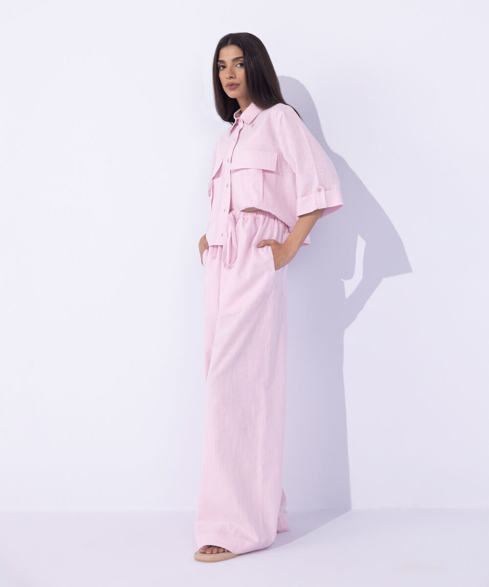 Women's Western Wear Pink Linen Blend Pull On Trousers