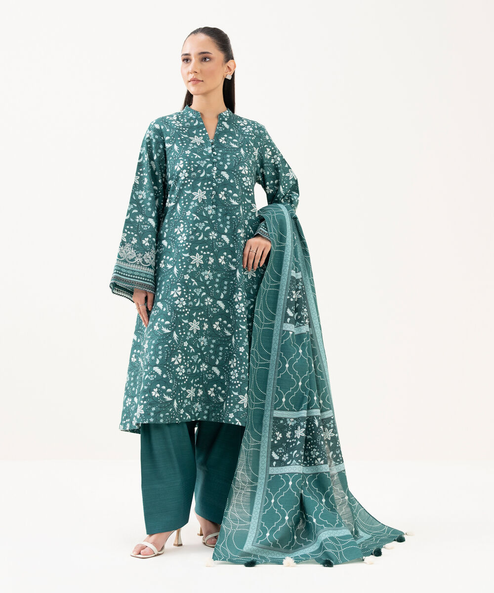 Women's Unstitched Khaddar Embroidered Green 3 Piece Suit