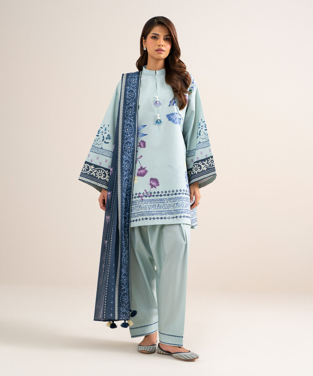 Women's Unstitched Cotton Printed Light Blue  3 Piece Suit