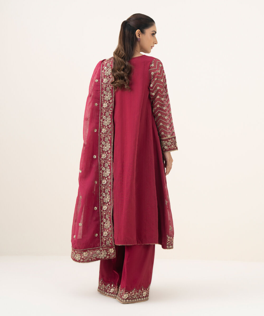 Women's RTW Blended Karandi Embroidered Red 3 Piece Suit