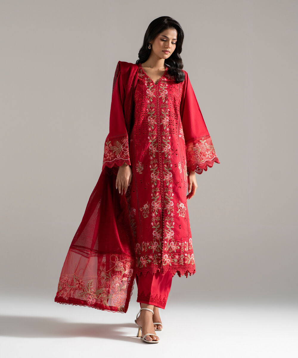 Khaddi Net Embroidered Red Dupatta