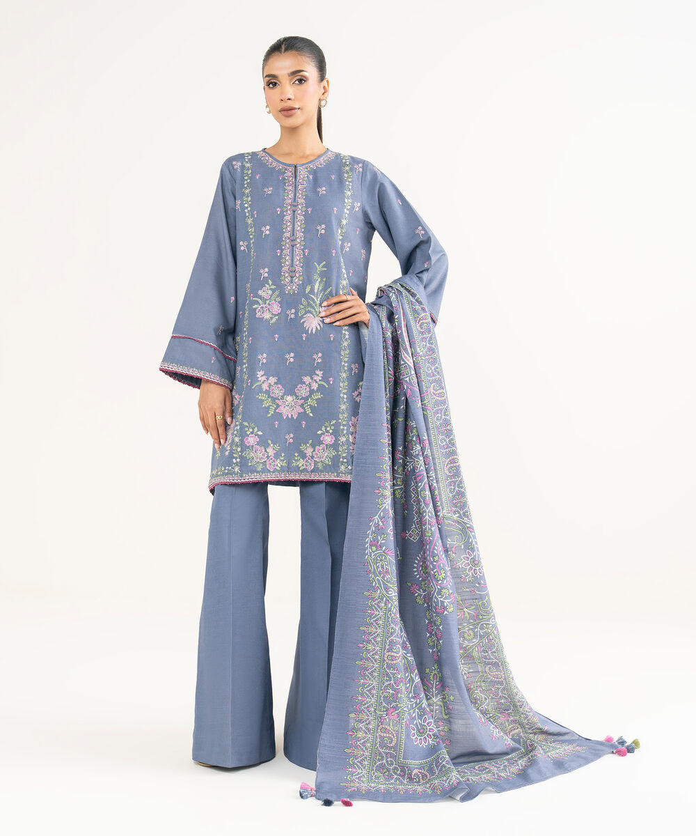 Women's Unstitched Light Khaddar Embroidered Blue 3 Piece Suit