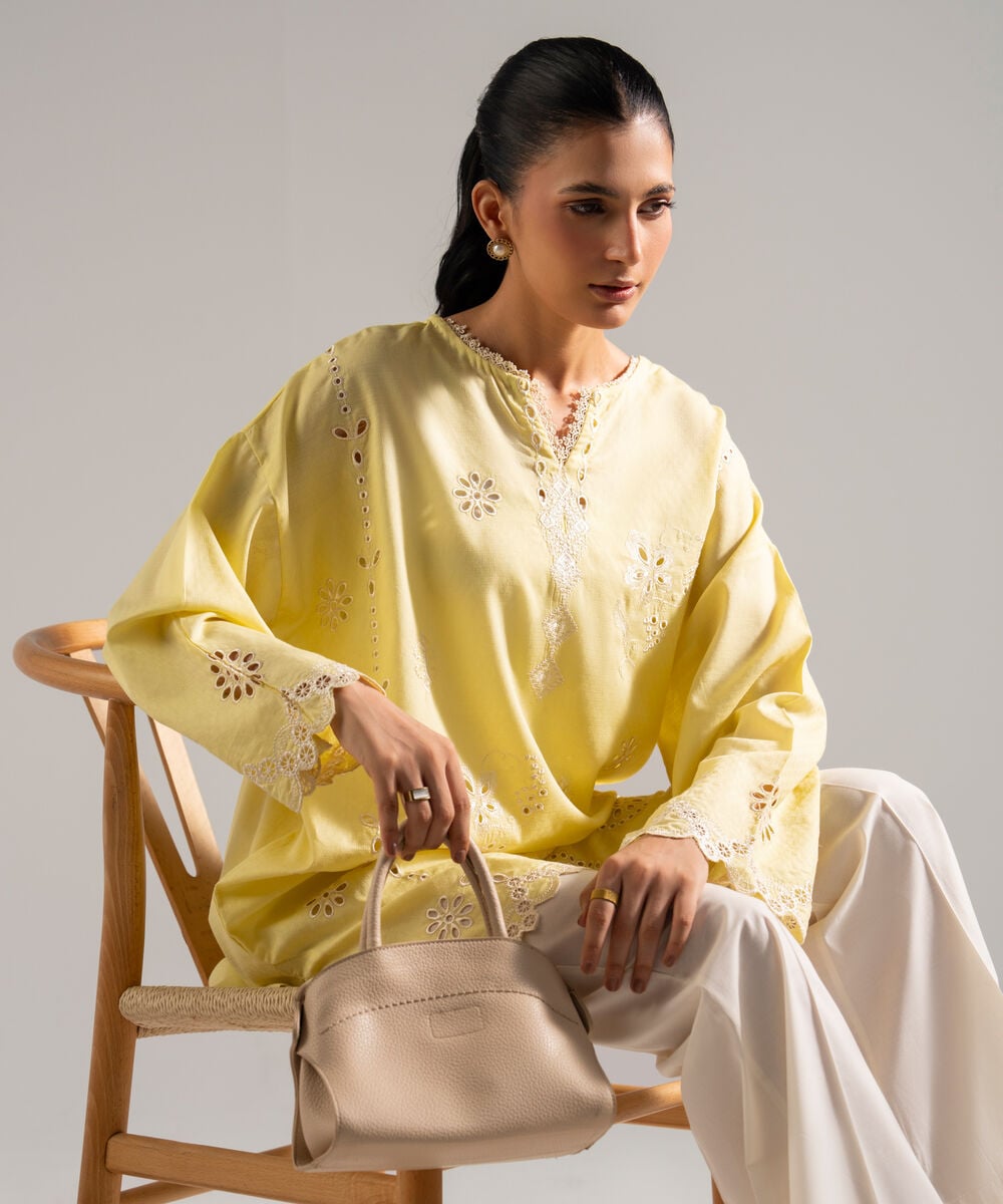 Women's RTW Dobby Embroidered Yellow Drop Shoulder Shirt