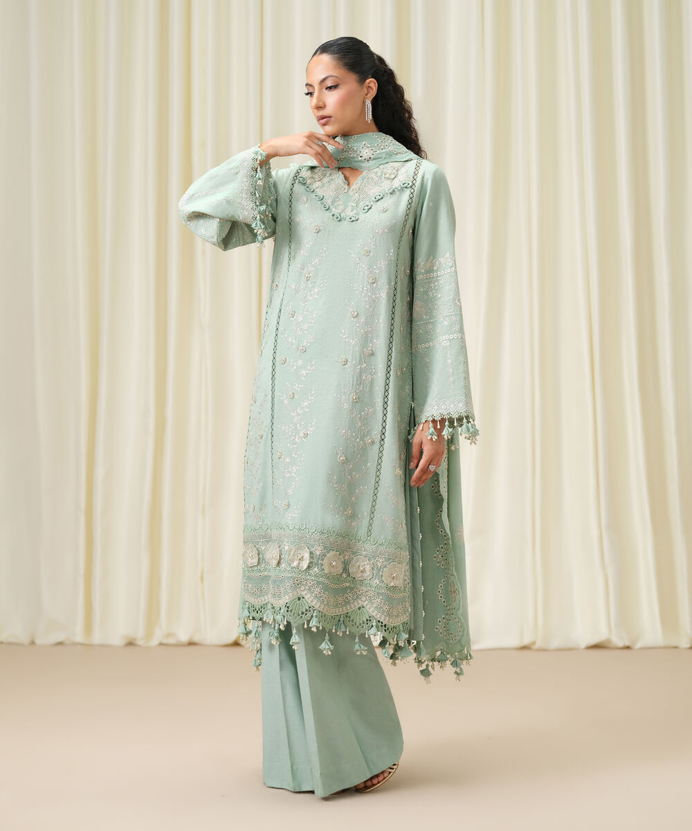 Women's Unstitched Embroidered Linen Moss Green 3 Piece Suit