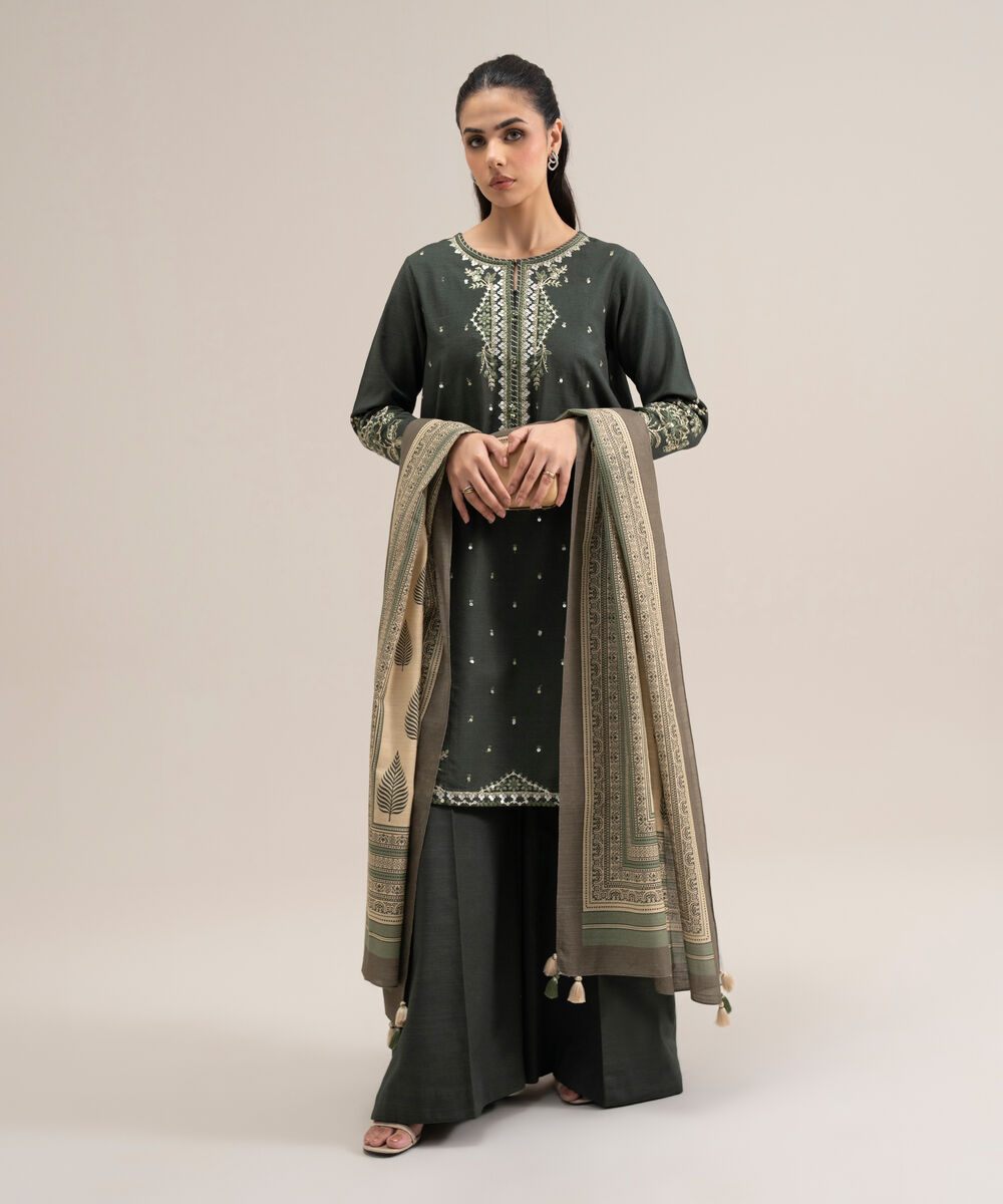 Women's Unstitched Basic Khaddar Embroidered Green 3 Piece Suit