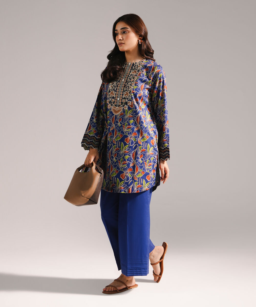 Women's RTW Textured Cotton Embroidered Dark Blue 2 Piece Suit