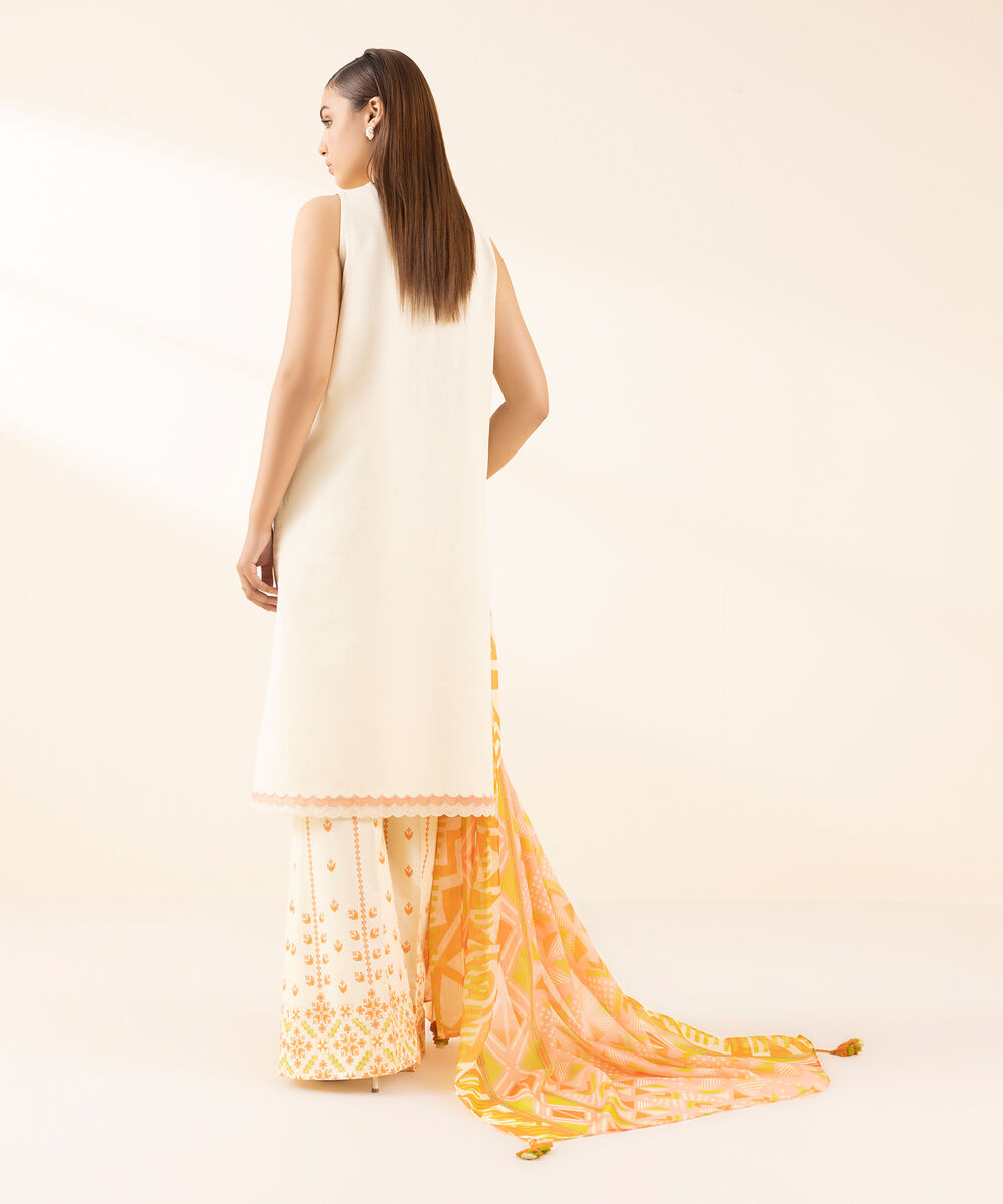 Women's Unstitched Dobby Embroidered Off White 3 Piece Suit