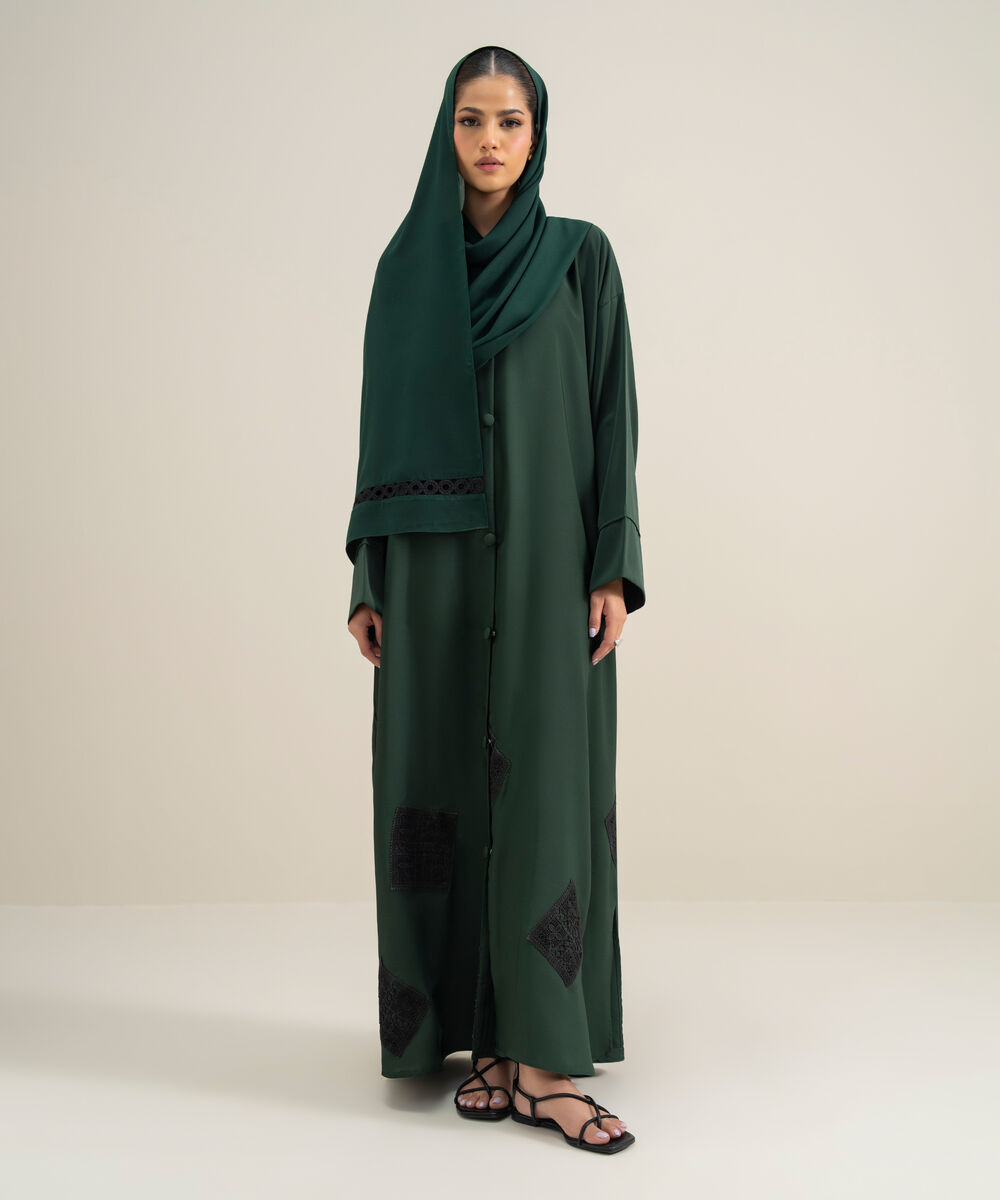 Women's Polyester Green Embroidered Abbaya Set