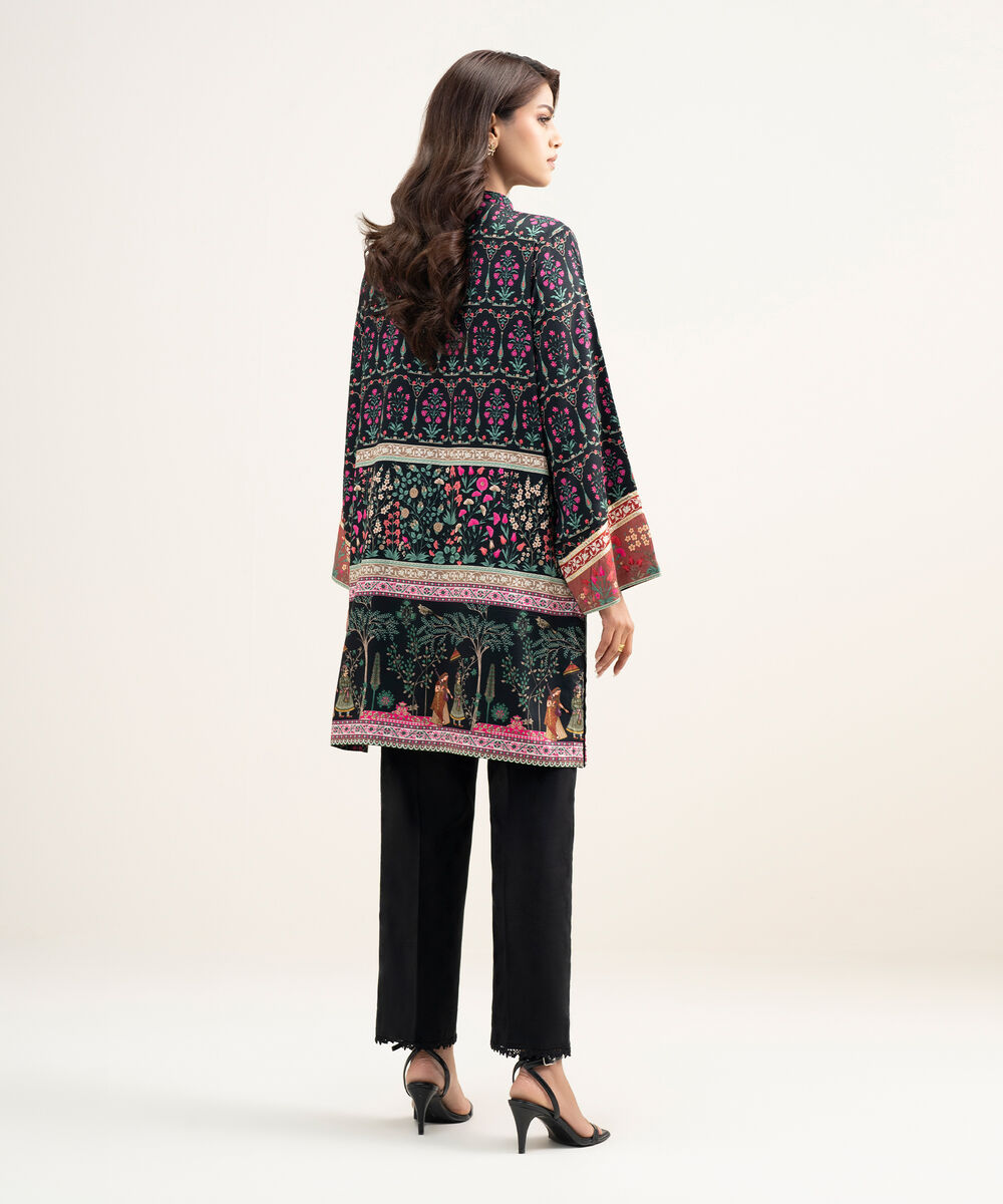 Women's RTW Premium Visocose Satin Printed Black Straight Shirt