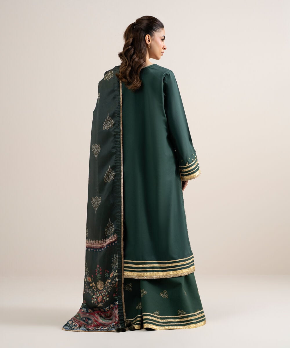 Women's Unstitched Dobby Embroidered Green 3 Piece Suit