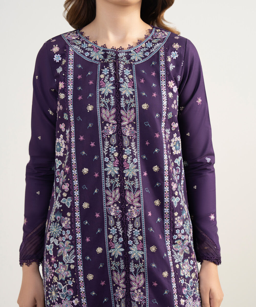 Women's Unstitched Fine Cotton Satin Embroidered Purple 3 Piece Suit