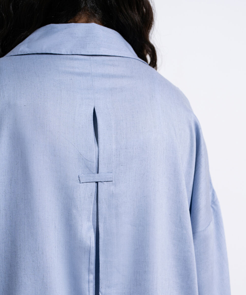 Women's Light Blue Linen Blend V-Neck Top