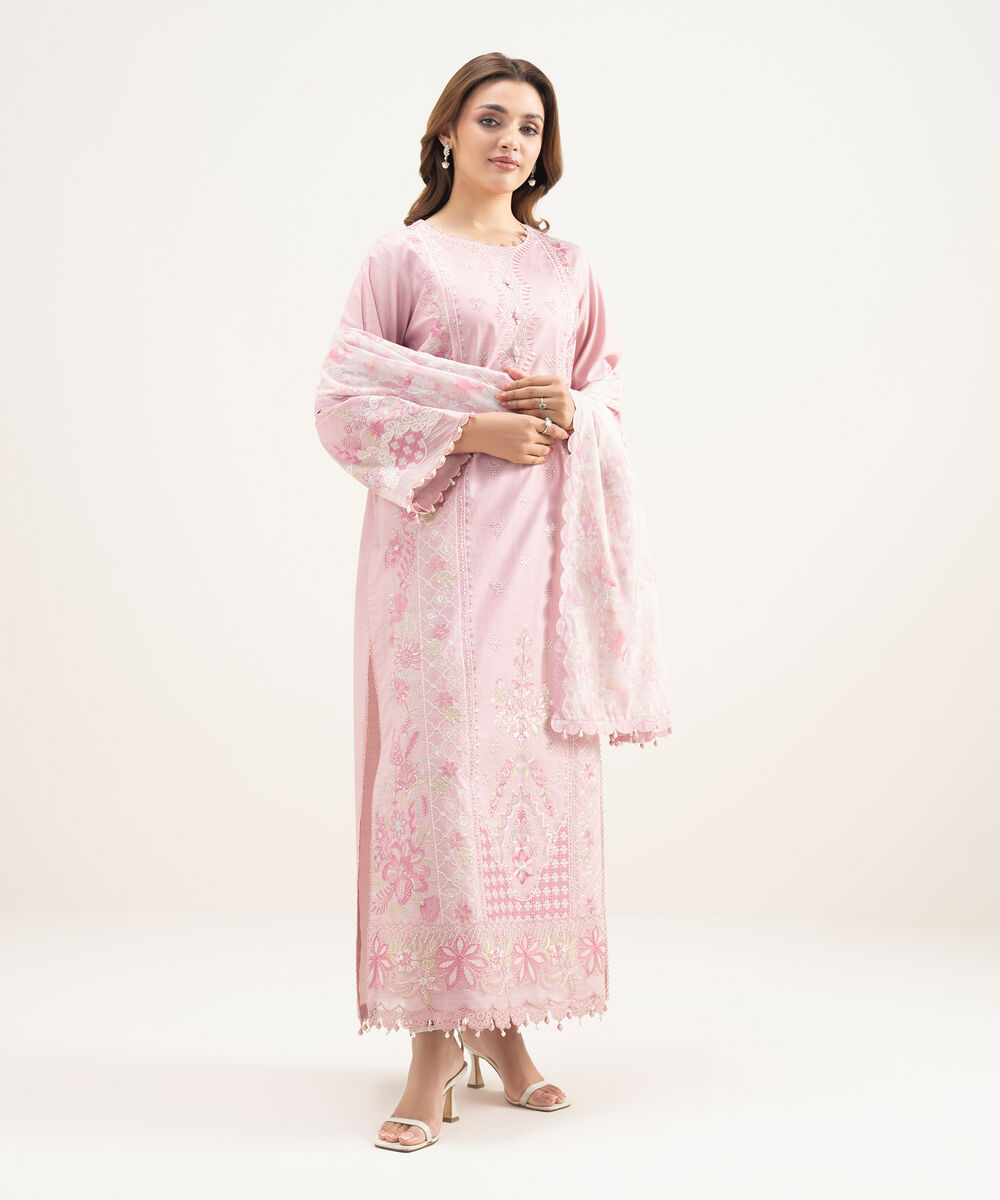 Women's Unstitched Lawn Embroidered Pink 3 Piece Suit