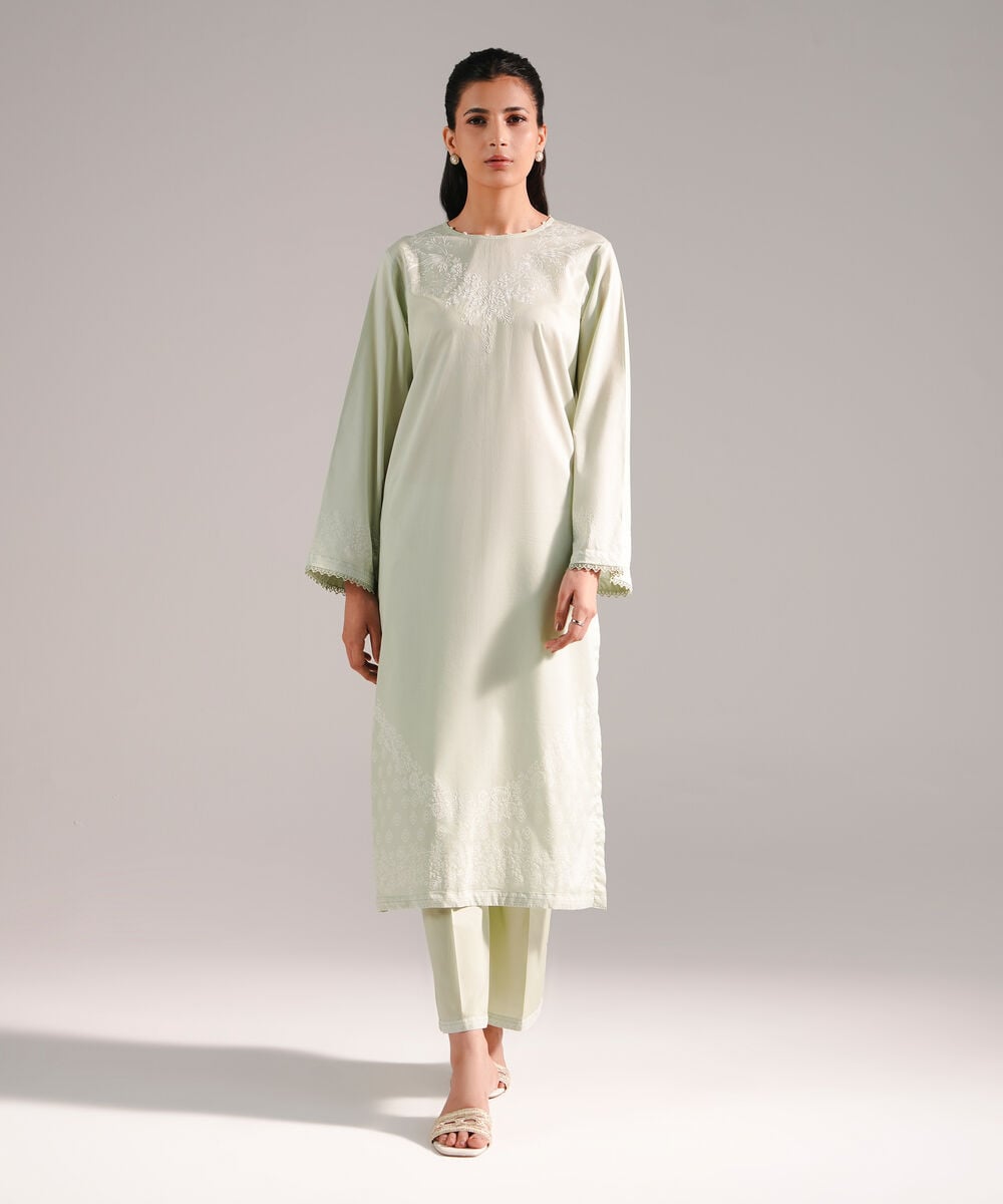 Women's RTW Lawn Printed Green Straight Shirt