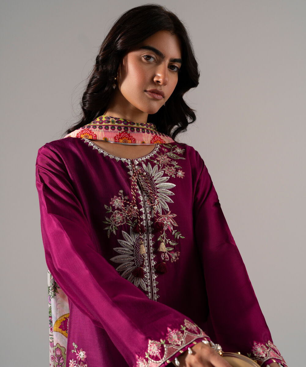 Women's RTW Solid Embroidered Plum Bright Raw Silk 3 Piece Suit