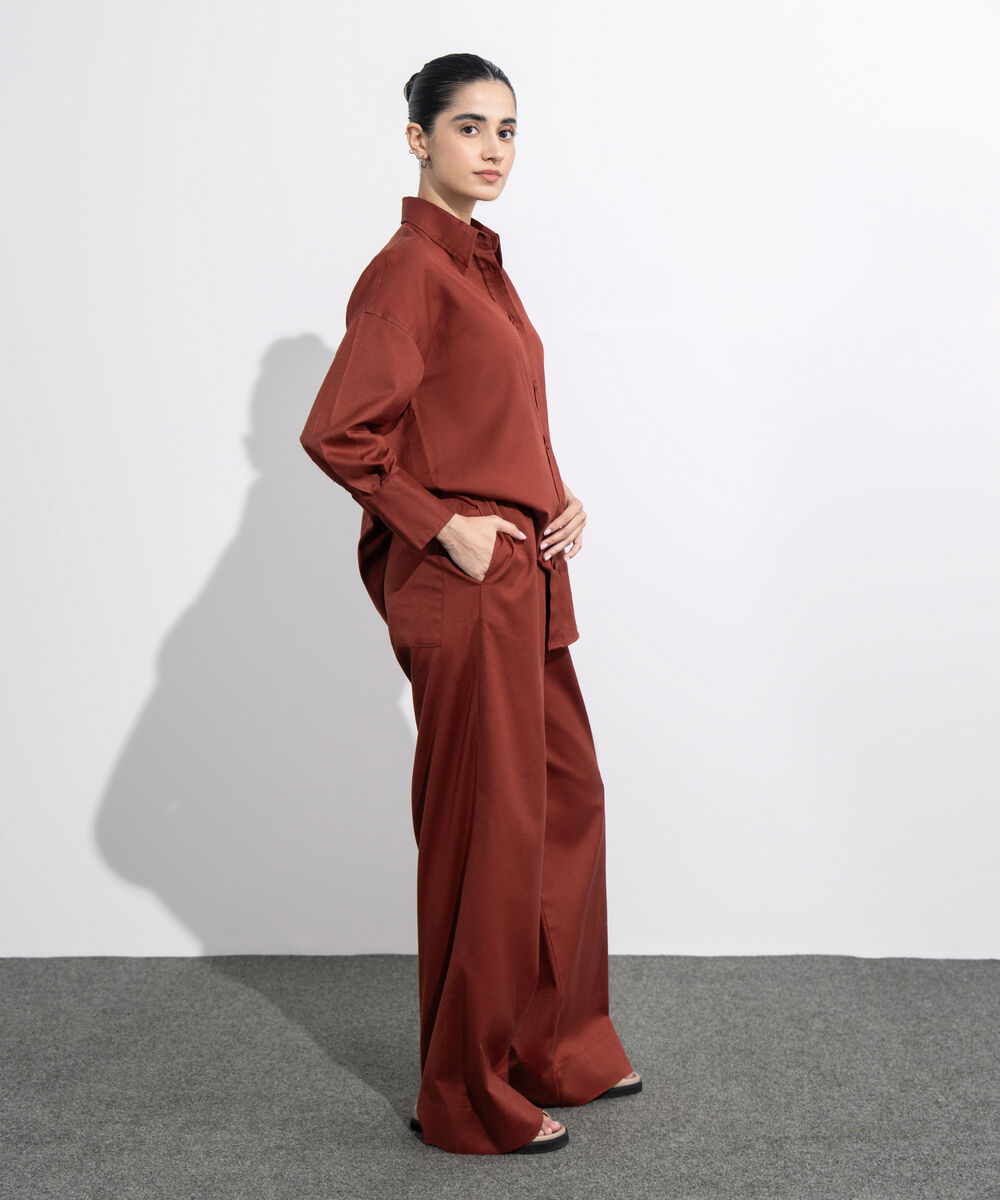 Women's Western Wear Maroon Linen Blend Pull On Trousers