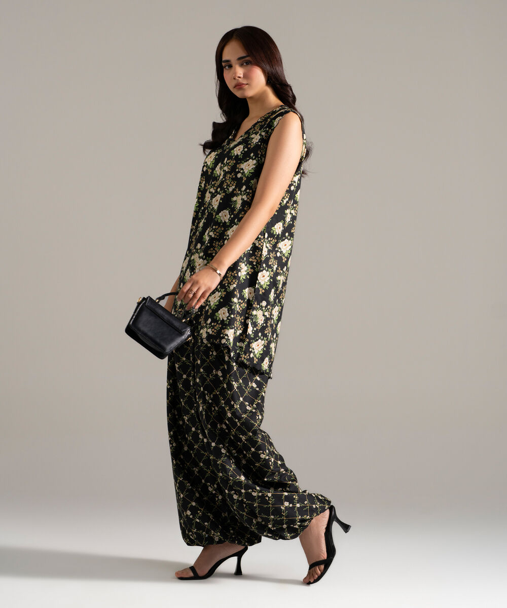 Women's RTW Cotton Viscose Printed Black 2 Piece Suit